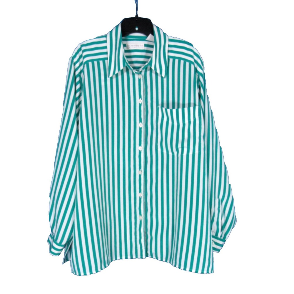 VTG ELISABETH LIZ CLAIBORNE Green Stripes SATIN Pocket BUTTON-UP Blouse/Top 18